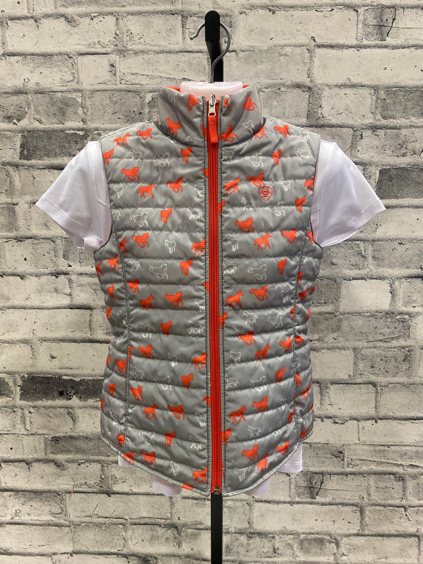 Ariat Reversible Puffy Vest Coral/Grey Horse Print Childrens XL