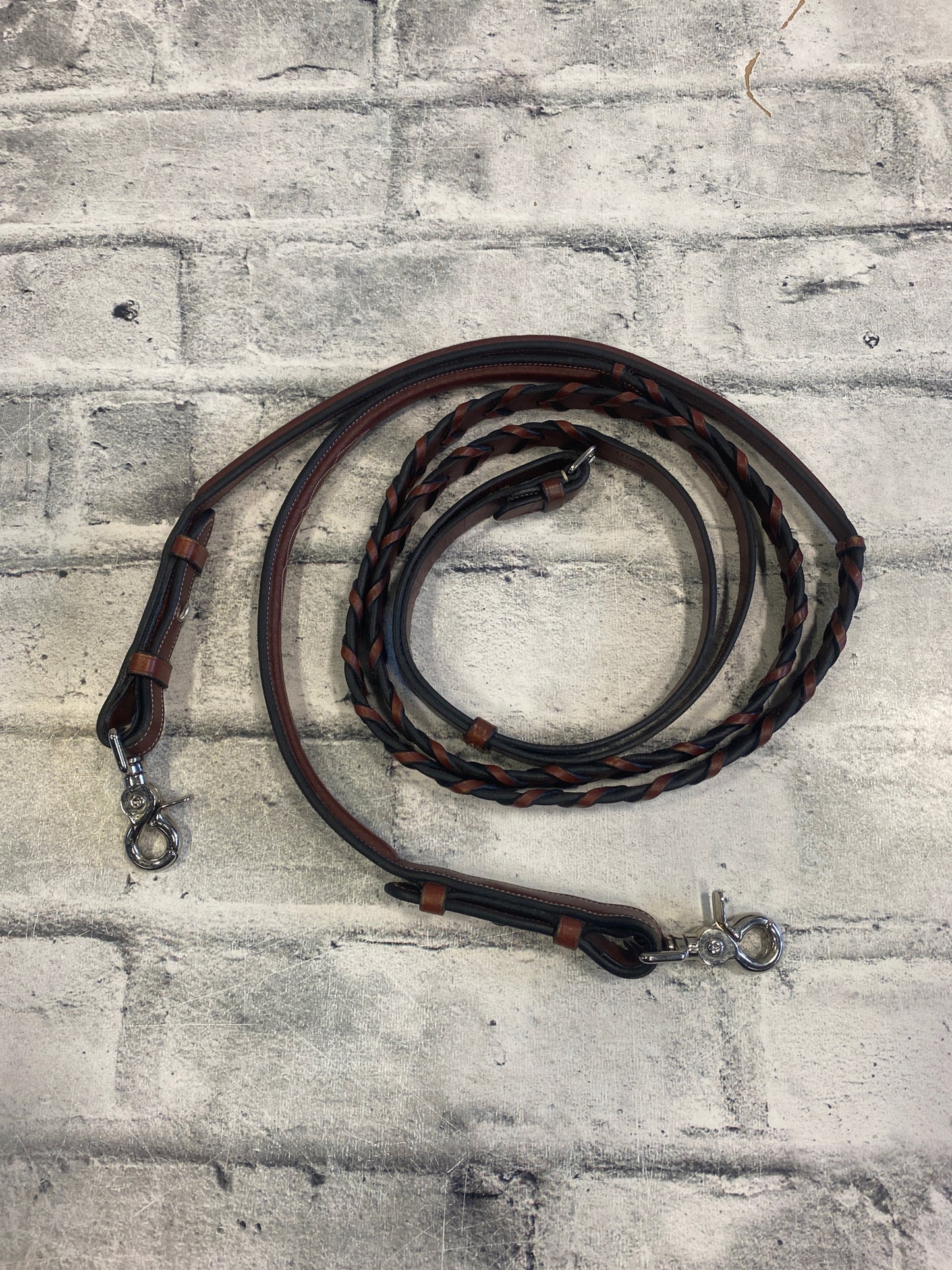 Fancy Stitched Laced Rein Double Dog Leash Brown 55"