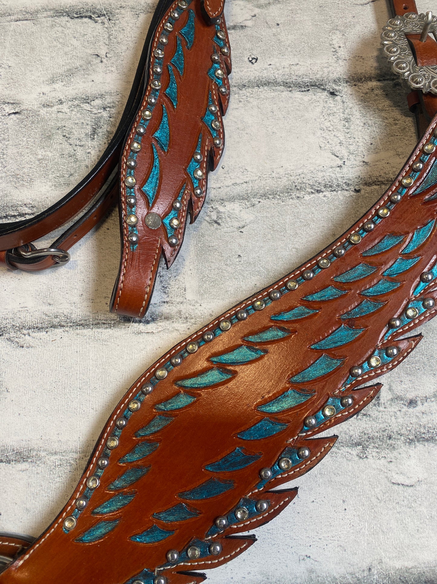 Western Blue Turquoise Wing Headstall + Reins + Breast Collar NEW