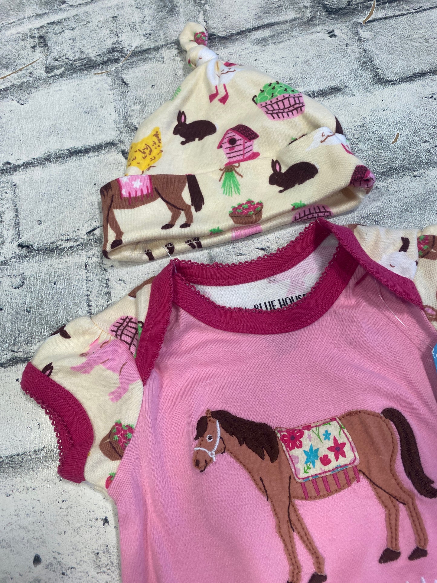 Little Blue House Onesie + Hat Pony Print 6-12m NEW
