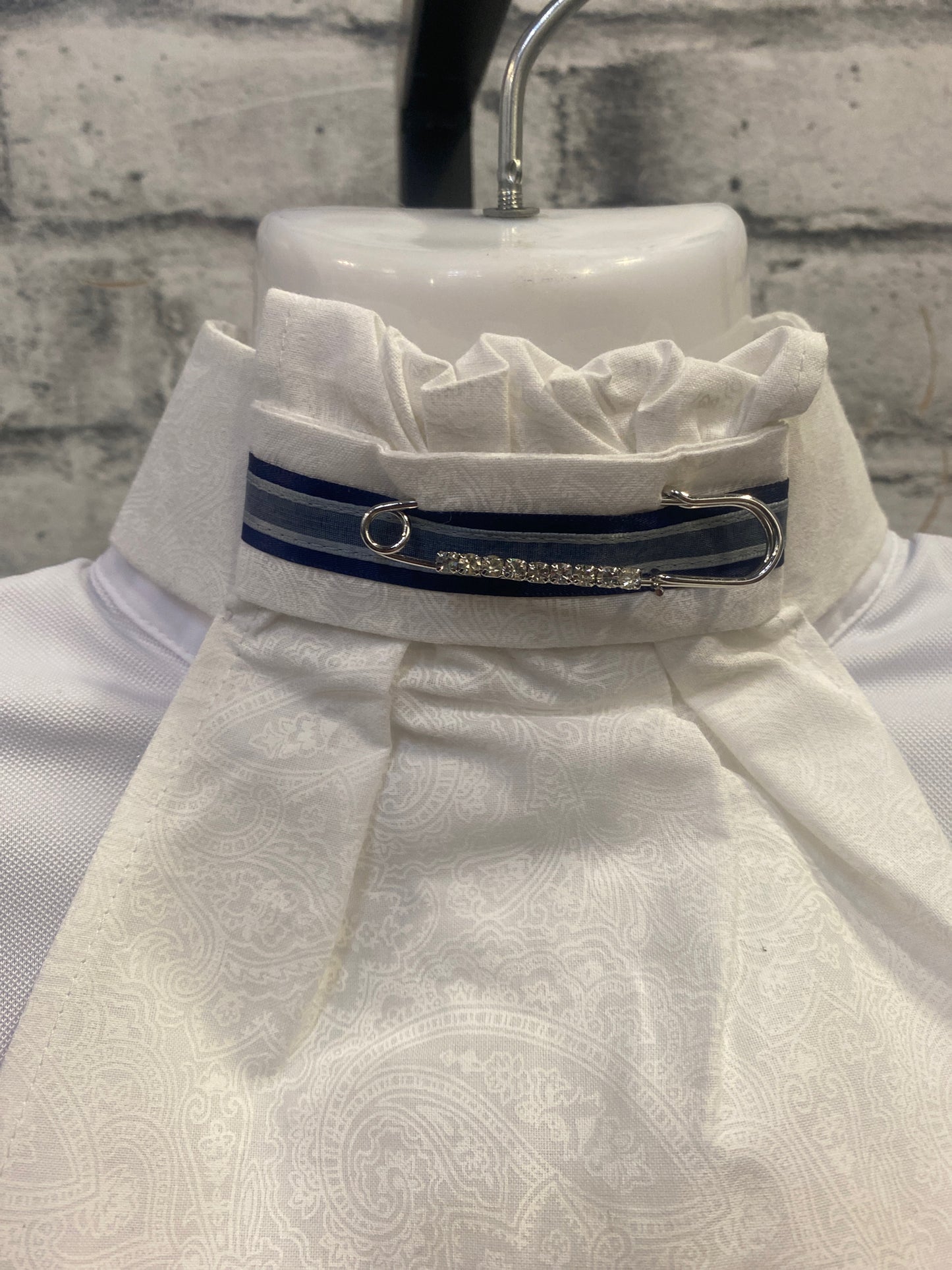 Klip Klop Kreations Choker Stock Tie - Blue w/ White Paisley + Pin