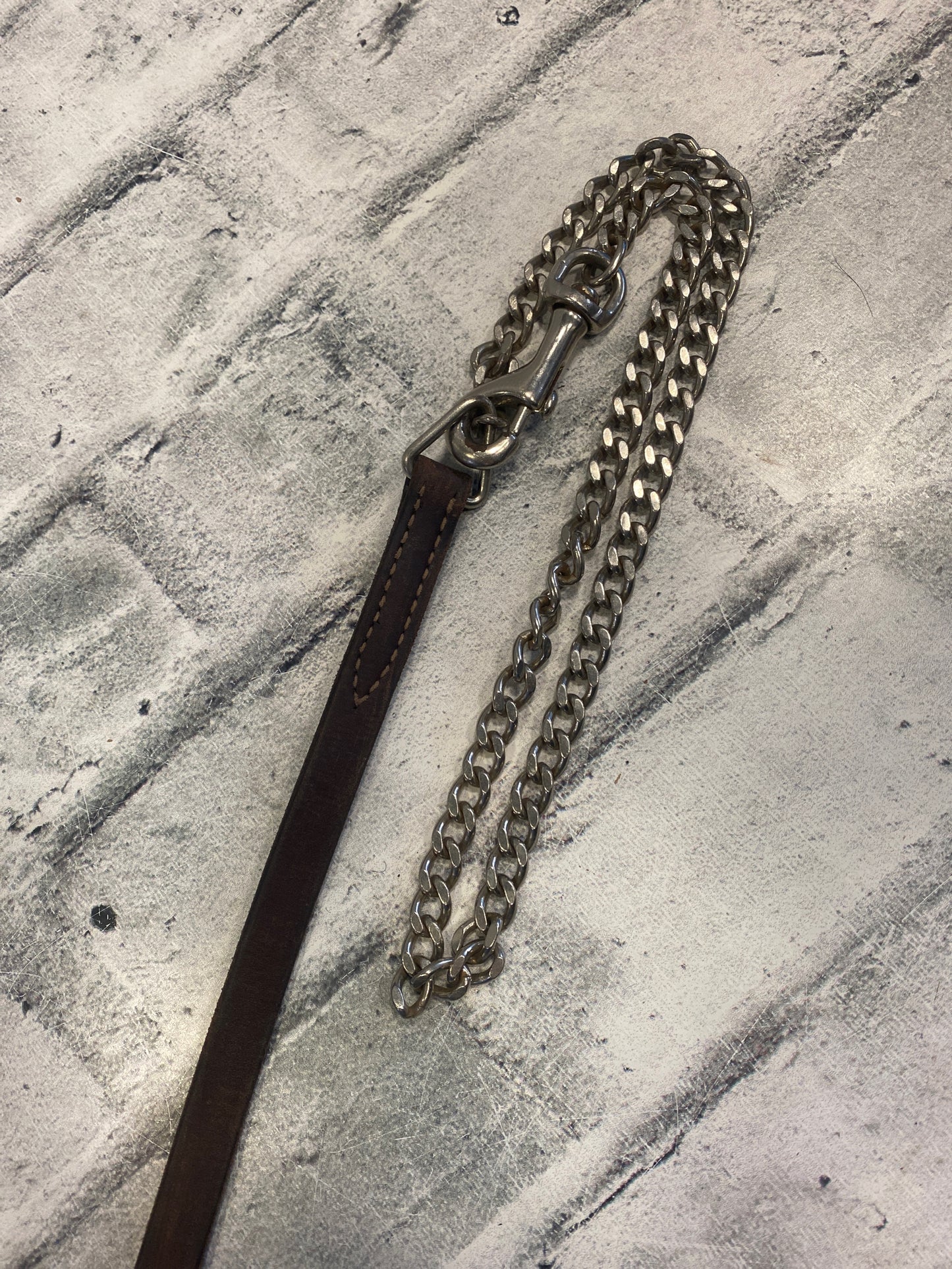 Flat Leather Dog Leash w Chain Brown 62"