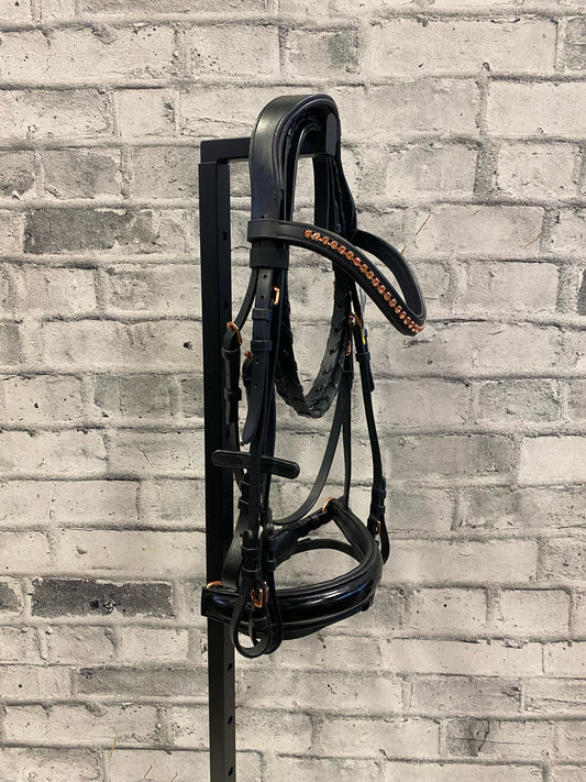 True North Patent Leather + Rose Gold Crank Nose Dressage Bridle + Reins XFull