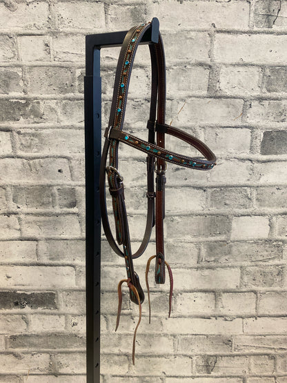 Browband Headstall + Breast Collar Dark Oil w/ Turquoise Rhinestones