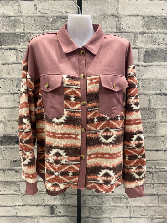 Aztec Pattern Polar Fleece Jacket Rose/Coral 2XL
