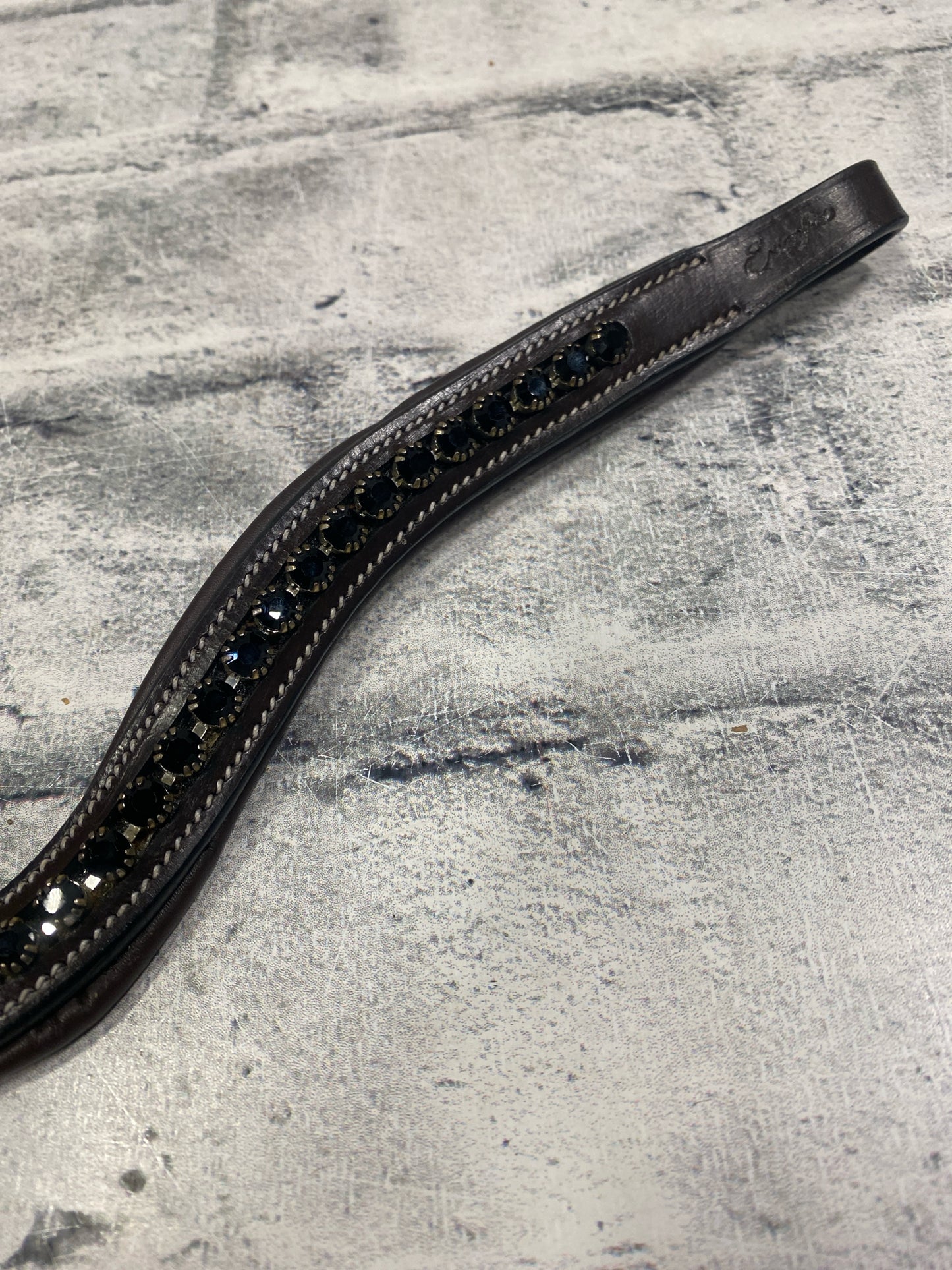 15" Exion Pro Curved Leather Browband Brown w/ Black Rhinestones