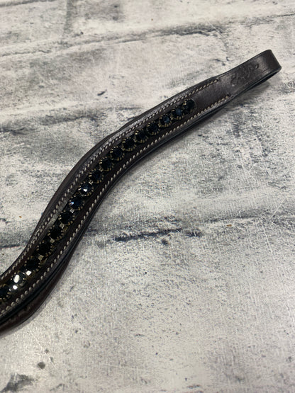 15" Exion Pro Curved Leather Browband Brown w/ Black Rhinestones