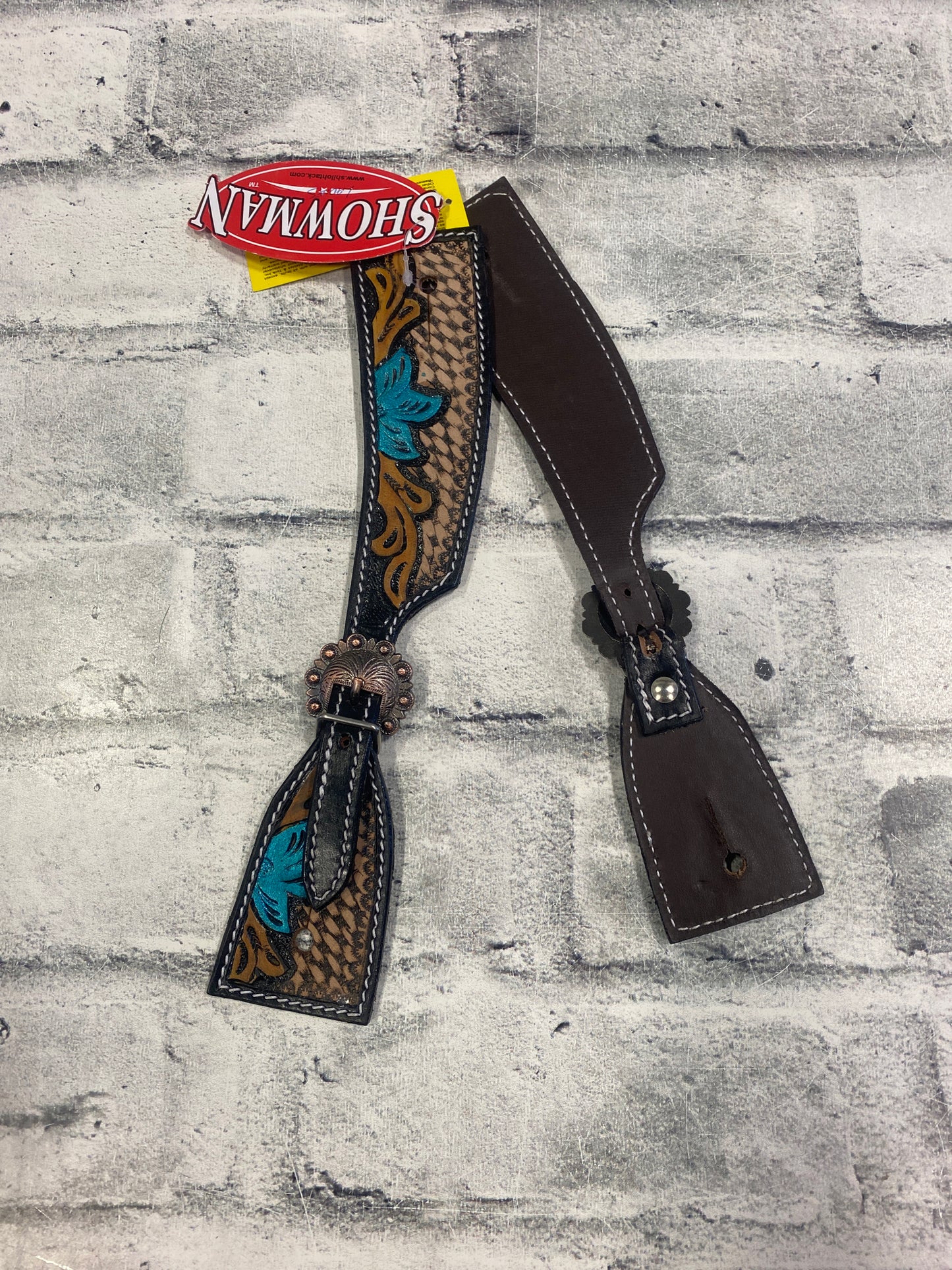 Showman Brown/Teal Tooled Leather Spur Straps