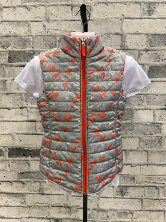 Ariat Reversible Puffy Vest Coral/Grey Horse Print Childrens XL