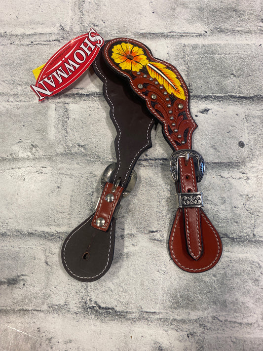 Showman Yellow Flower Tooled Leather Spur Straps