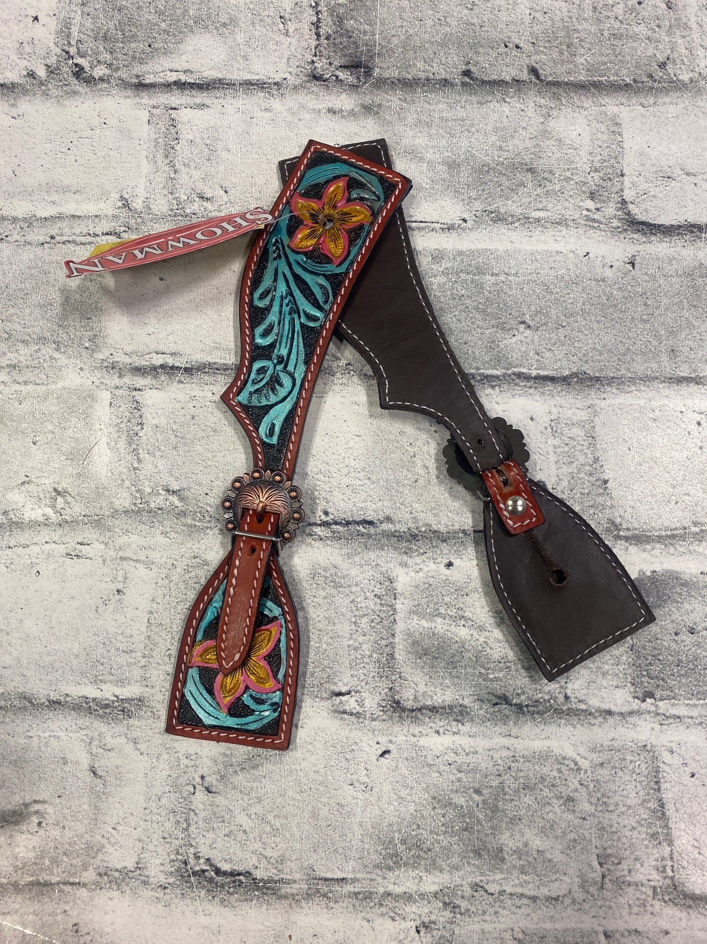 Showman Red/Teal Tooled Leather Spur Straps