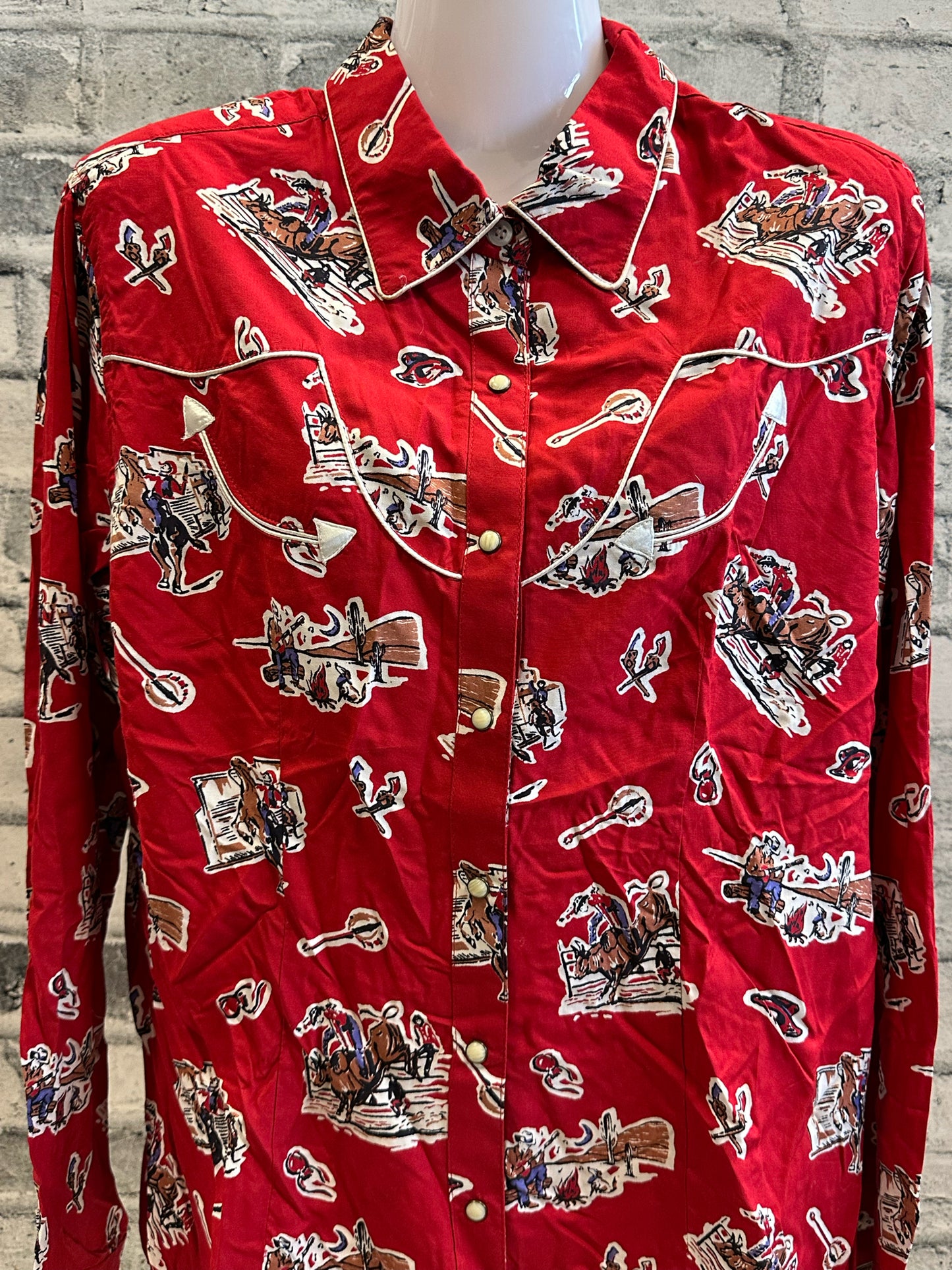 Panhandle Pearl Snap Show Shirt Red Western Print L