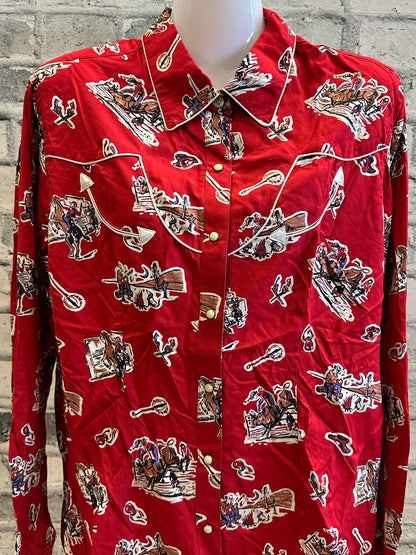 Panhandle Pearl Snap Show Shirt Red Western Print L
