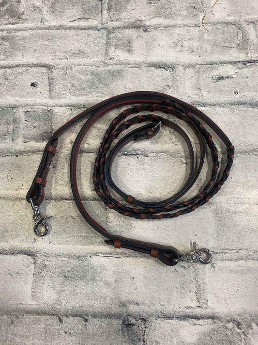 Fancy Stitched Laced Rein Double Dog Leash Brown 55"