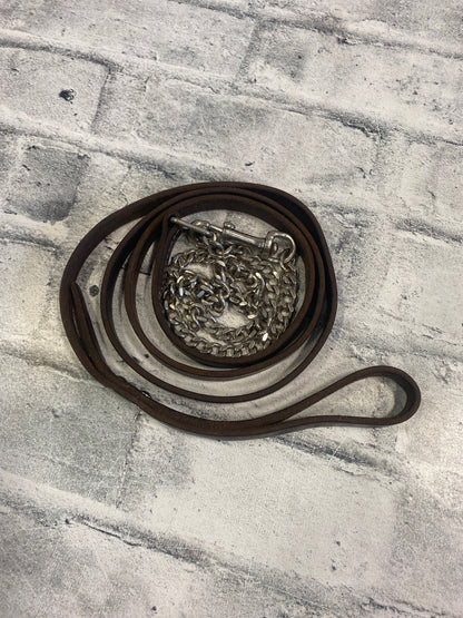 Flat Leather Dog Leash w Chain Brown 62"