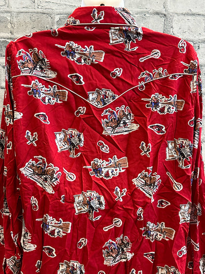 Panhandle Pearl Snap Show Shirt Red Western Print L