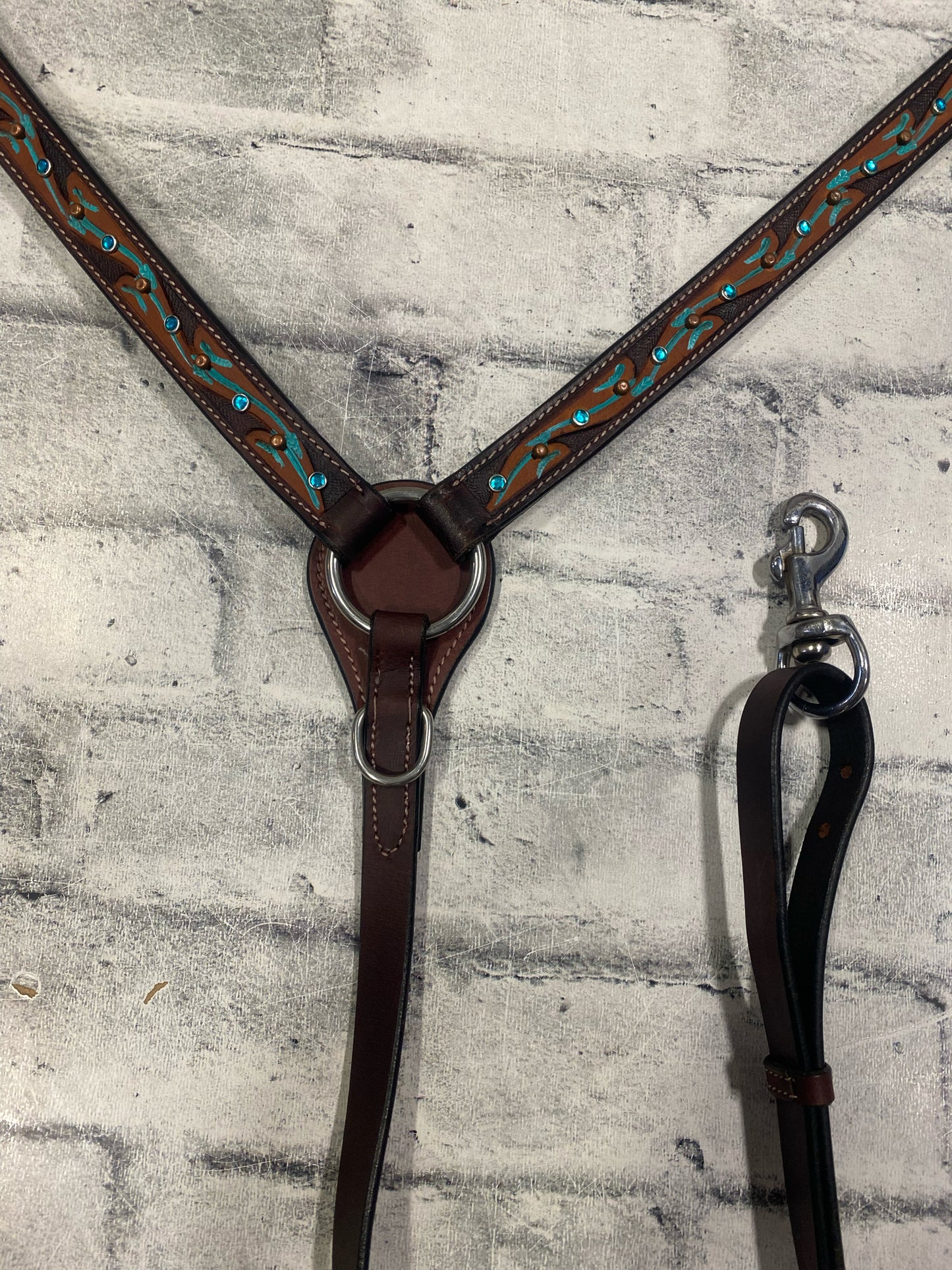 Browband Headstall + Breast Collar Dark Oil w/ Turquoise Rhinestones