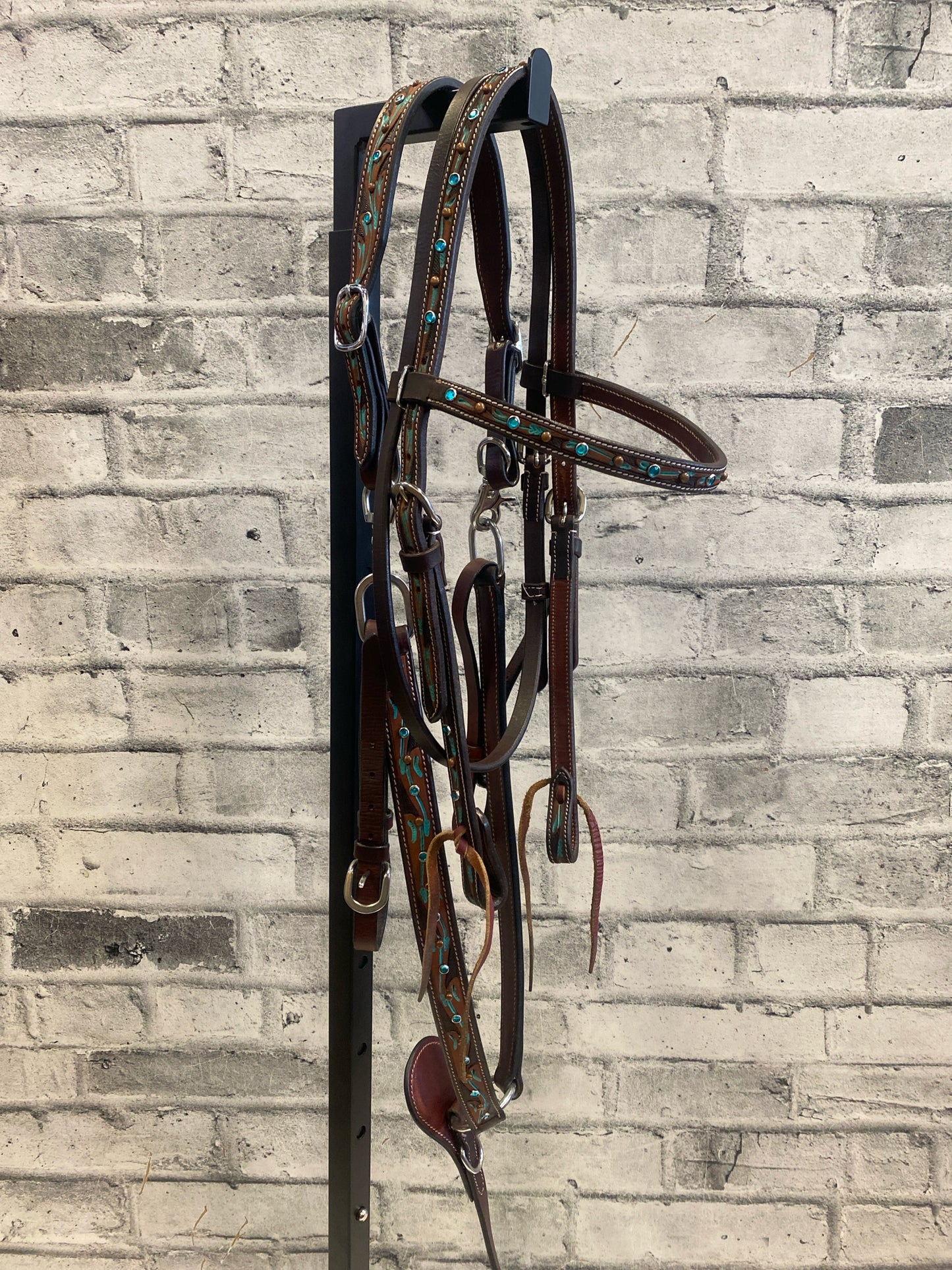 Browband Headstall + Breast Collar Dark Oil w/ Turquoise Rhinestones