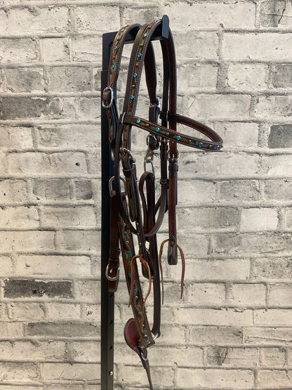 Browband Headstall + Breast Collar Dark Oil w/ Turquoise Rhinestones