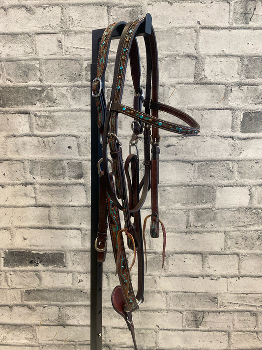 Browband Headstall + Breast Collar Dark Oil w/ Turquoise Rhinestones