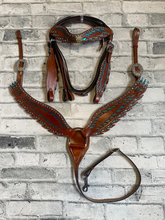 Western Blue Turquoise Wing Headstall + Reins + Breast Collar NEW
