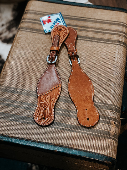 True North Floral Tooled w Silver Dots Spur Straps Light Oil