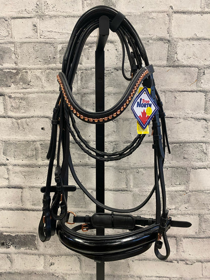 True North Patent Leather + Rose Gold Crank Nose Dressage Bridle + Reins XFull