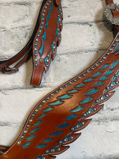 Western Blue Turquoise Wing Headstall + Reins + Breast Collar NEW