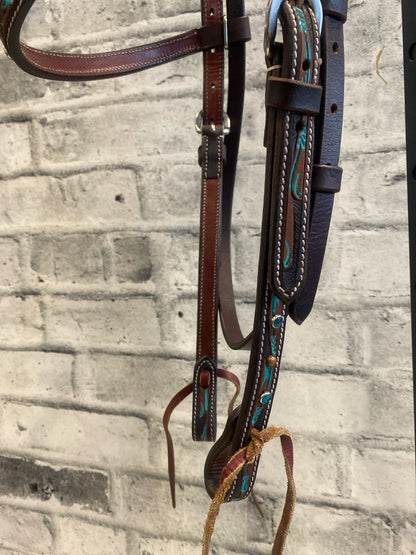 Browband Headstall + Breast Collar Dark Oil w/ Turquoise Rhinestones