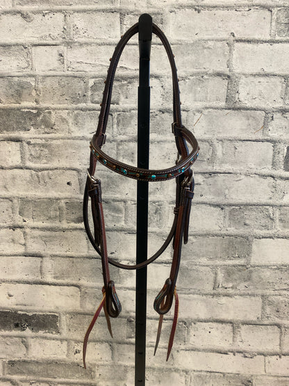 Browband Headstall + Breast Collar Dark Oil w/ Turquoise Rhinestones