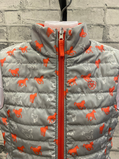 Ariat Reversible Puffy Vest Coral/Grey Horse Print Childrens XL