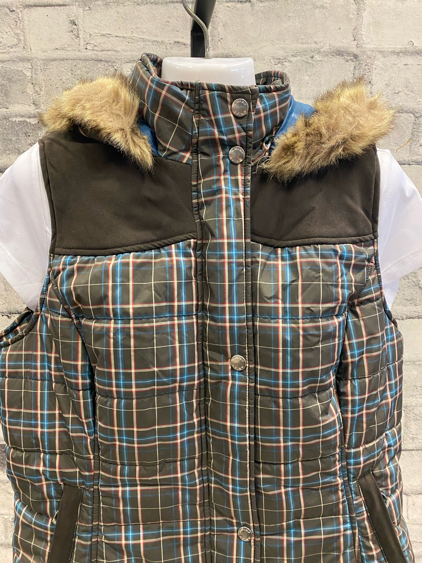 Ariat Puffy Vest w/ Fur Hood Brown Plaid XL