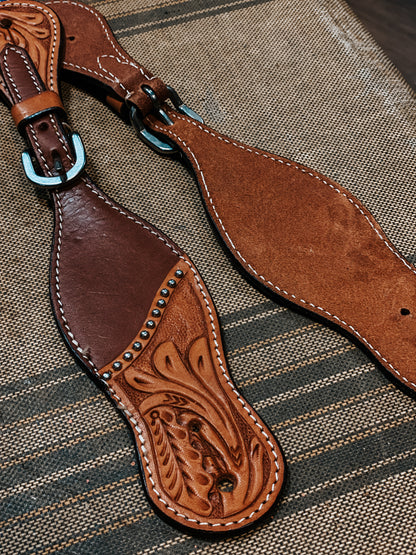 True North Floral Tooled w Silver Dots Spur Straps Light Oil