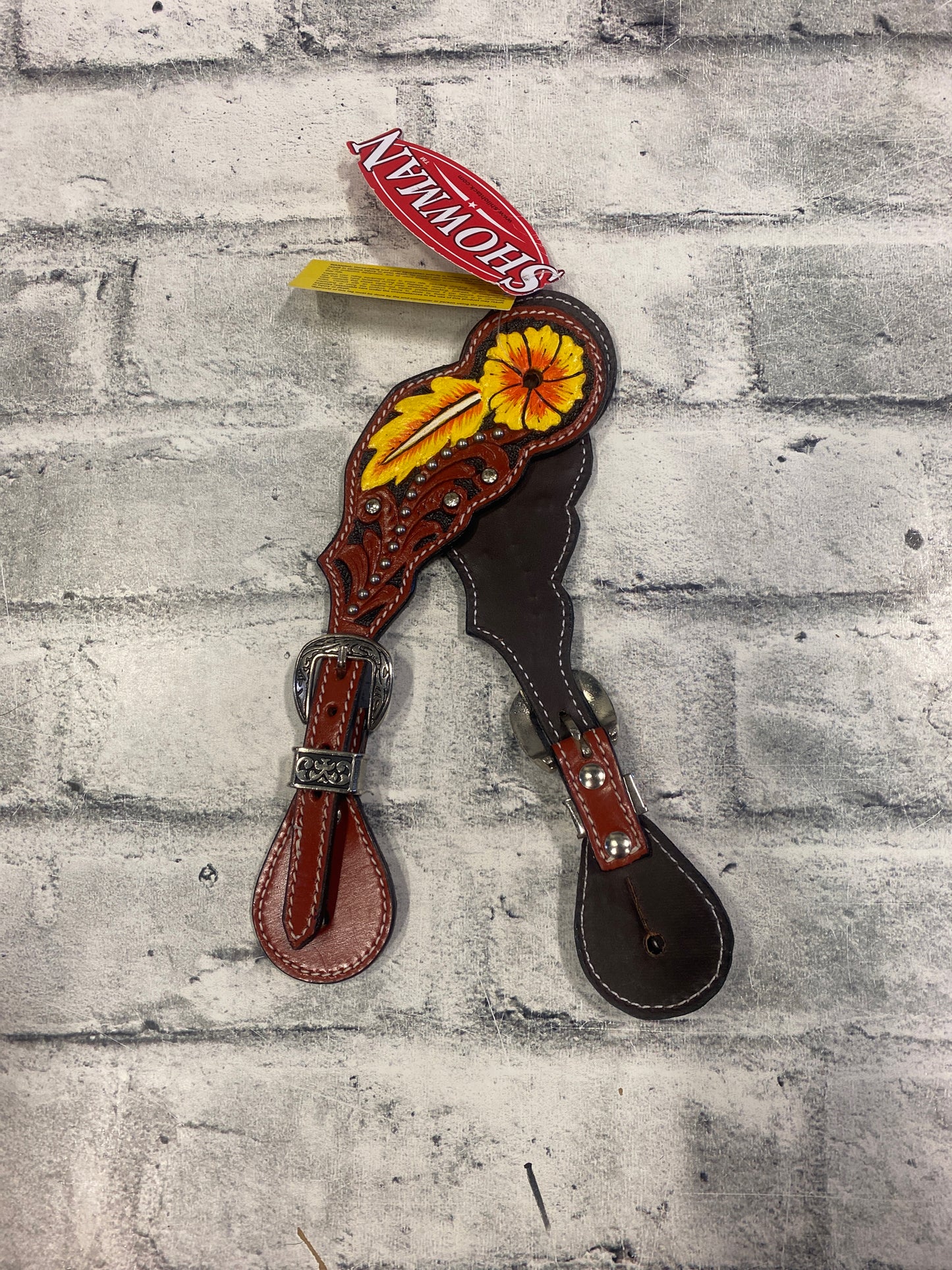 Showman Yellow Flower Tooled Leather Spur Straps