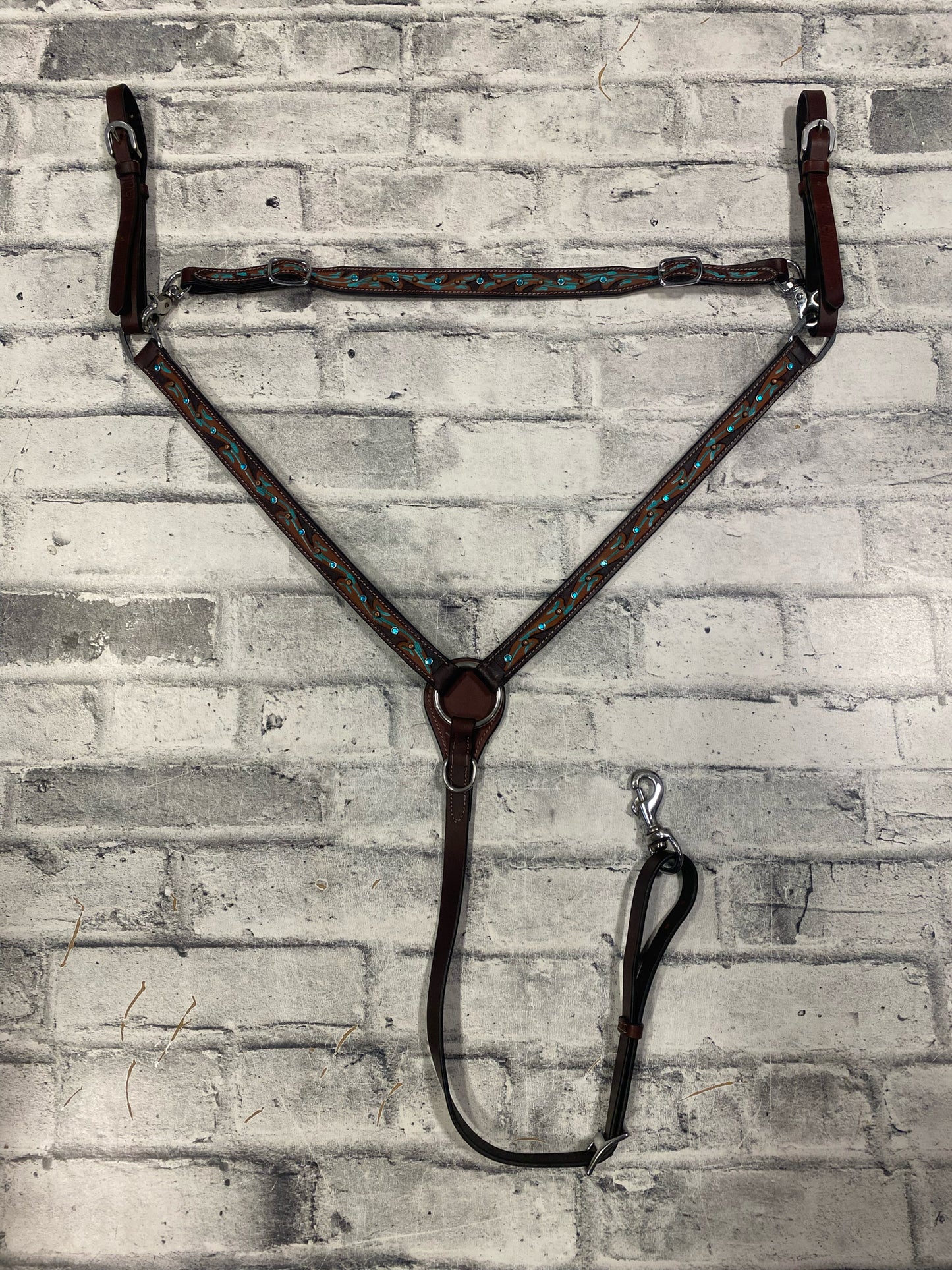 Browband Headstall + Breast Collar Dark Oil w/ Turquoise Rhinestones