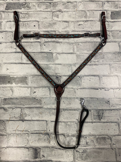 Browband Headstall + Breast Collar Dark Oil w/ Turquoise Rhinestones