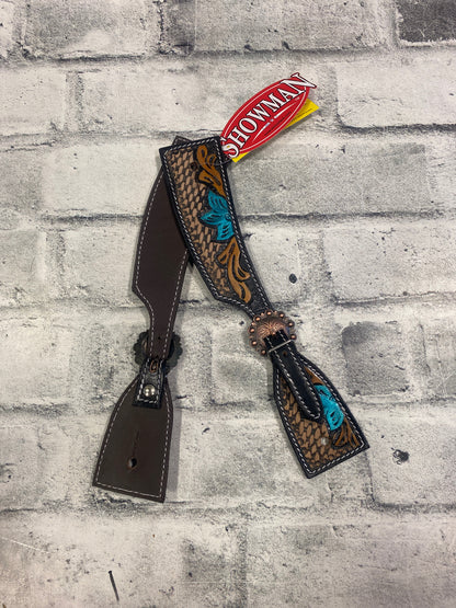 Showman Brown/Teal Tooled Leather Spur Straps