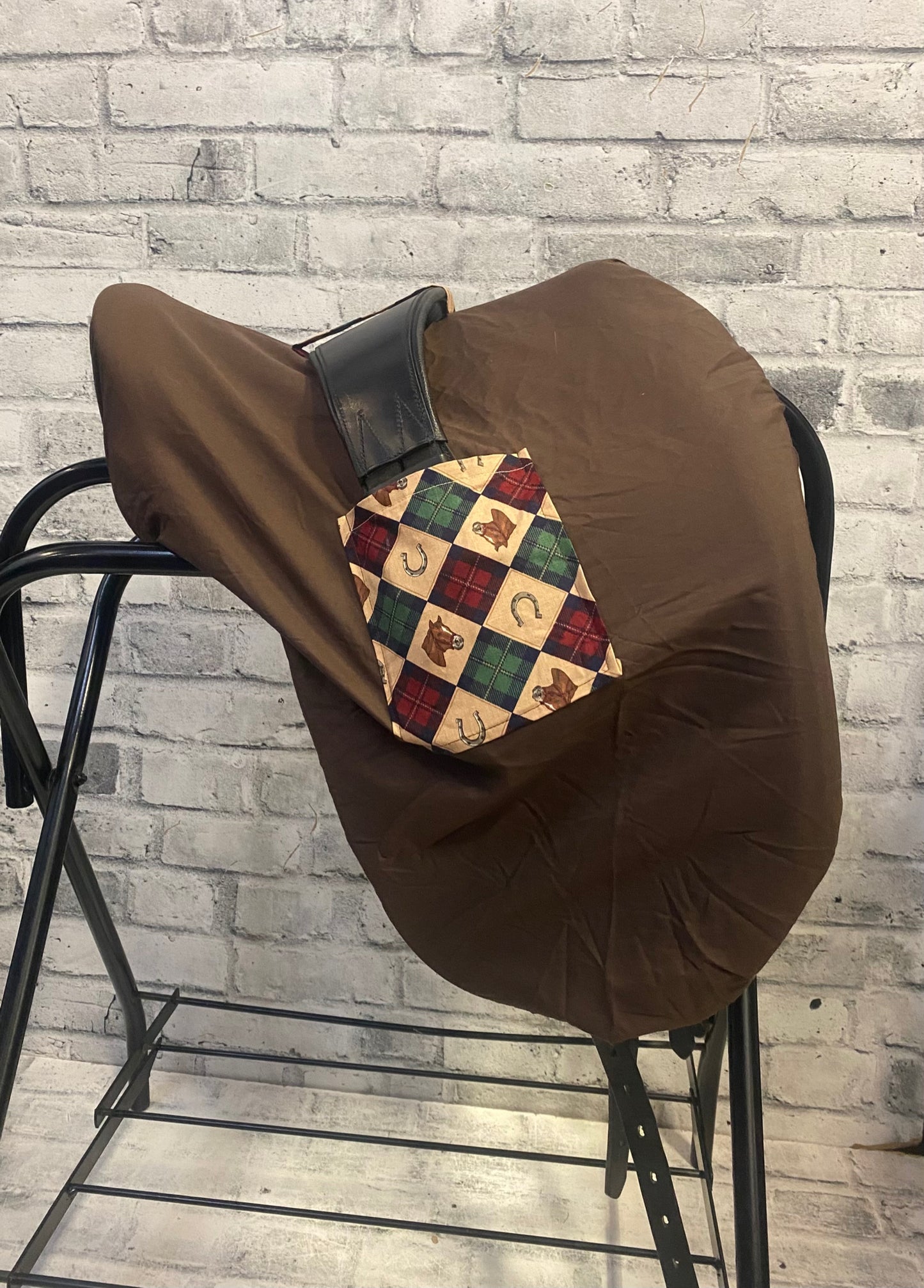 Klip Klop Kreations Saddle Cover w/ Girth Sleeves - Brown + Horse Print