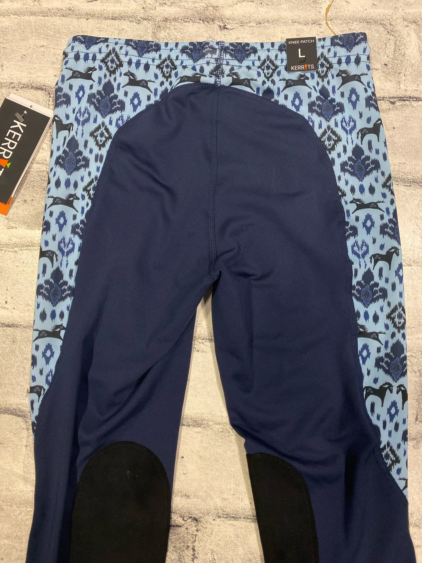 Kerrits Pull On Riding Tights Blue Horse Print Childrens L NEW