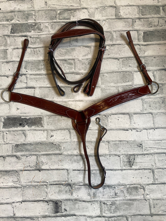 Western Tooled Leather Headstall + Reins + Breast Collar NEW