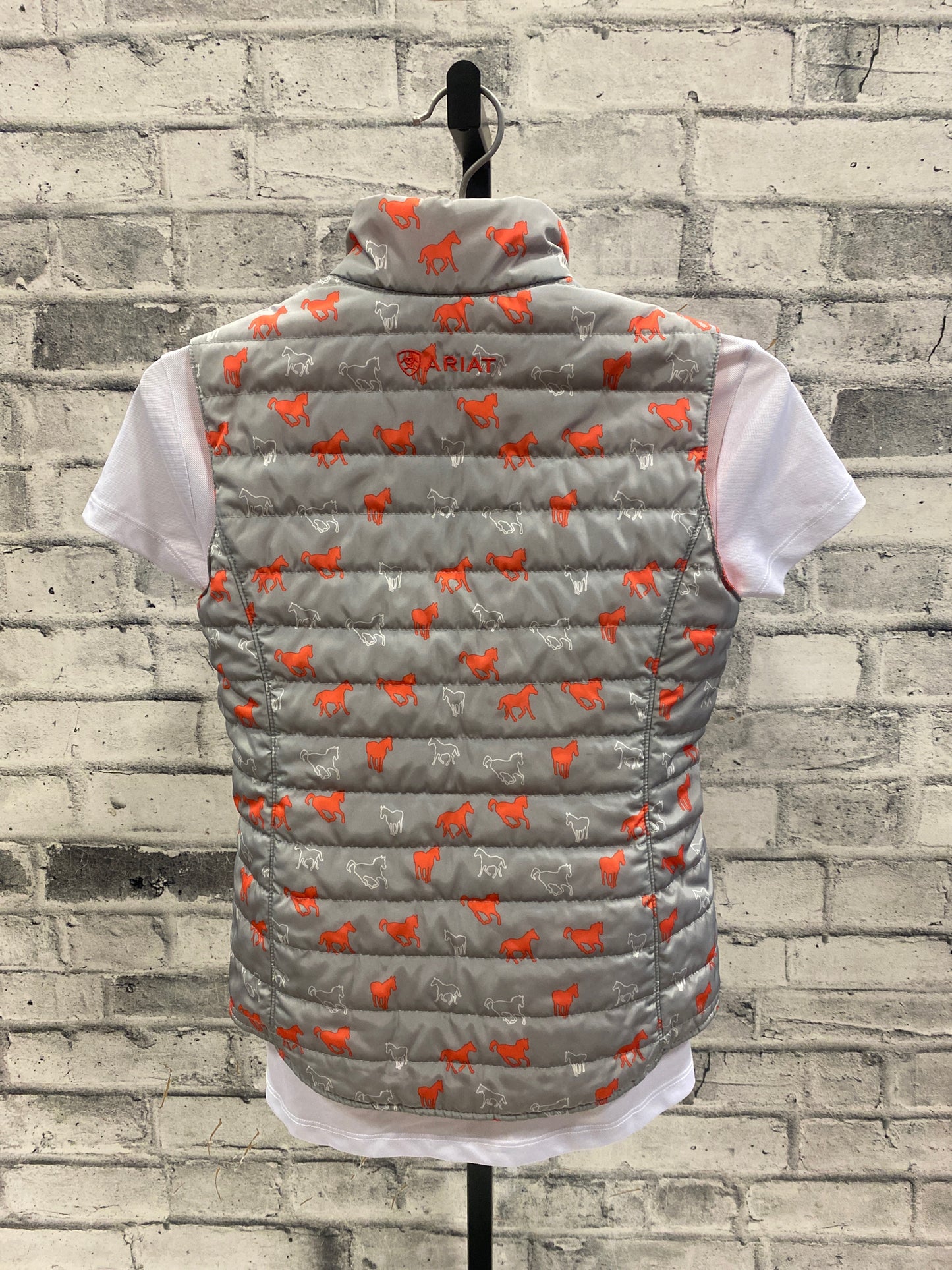 Ariat Reversible Puffy Vest Coral/Grey Horse Print Childrens XL