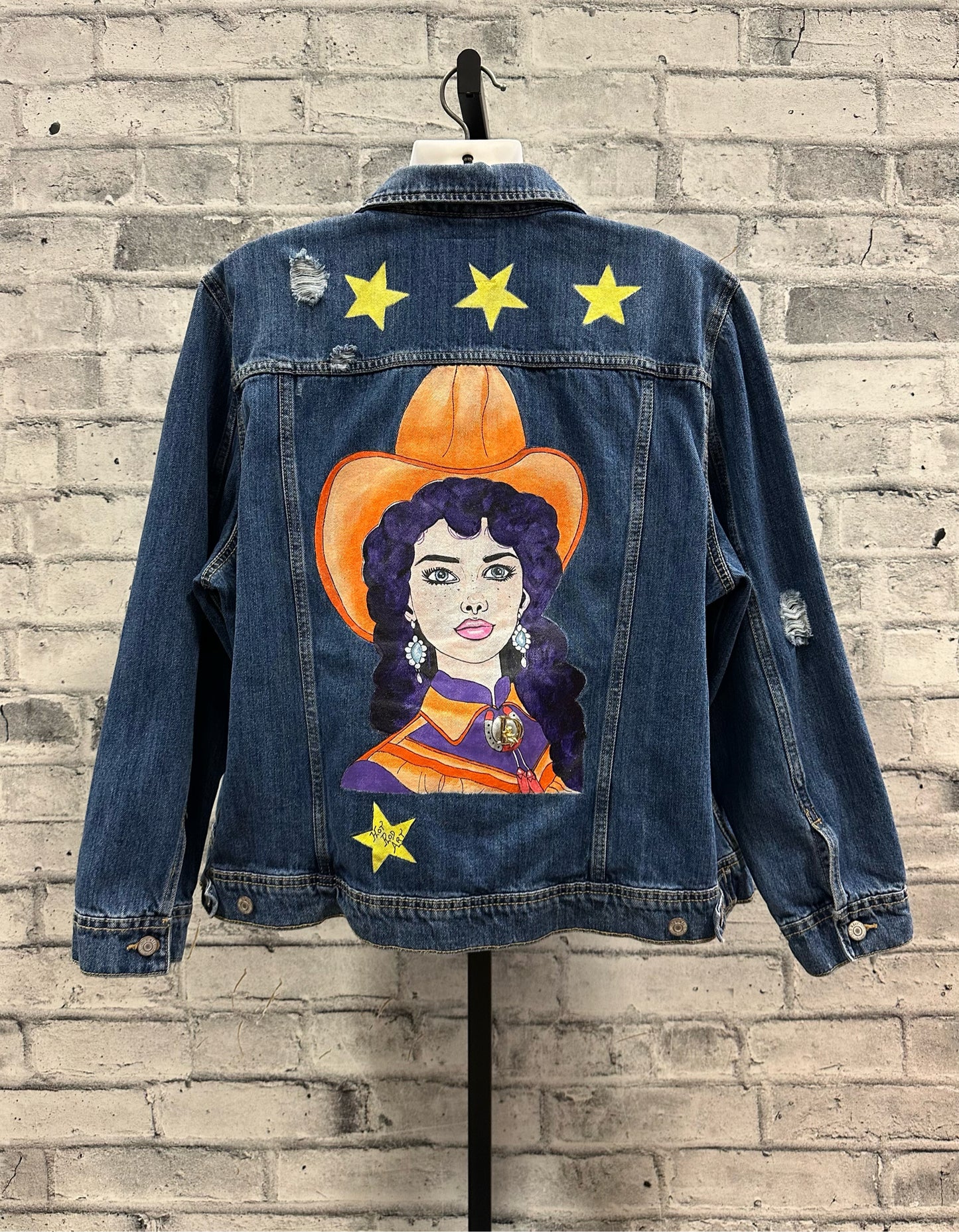 Hot Rod Art Cowgirl Painted Jean Jacket XXL