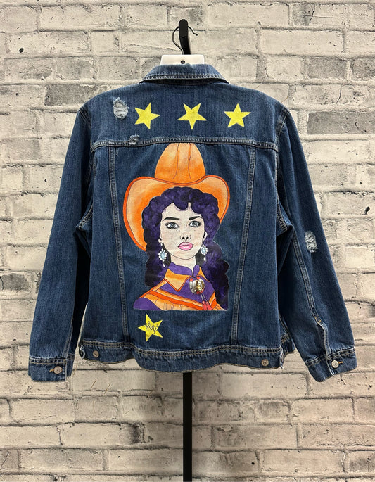 Hot Rod Art Cowgirl Painted Jean Jacket XXL