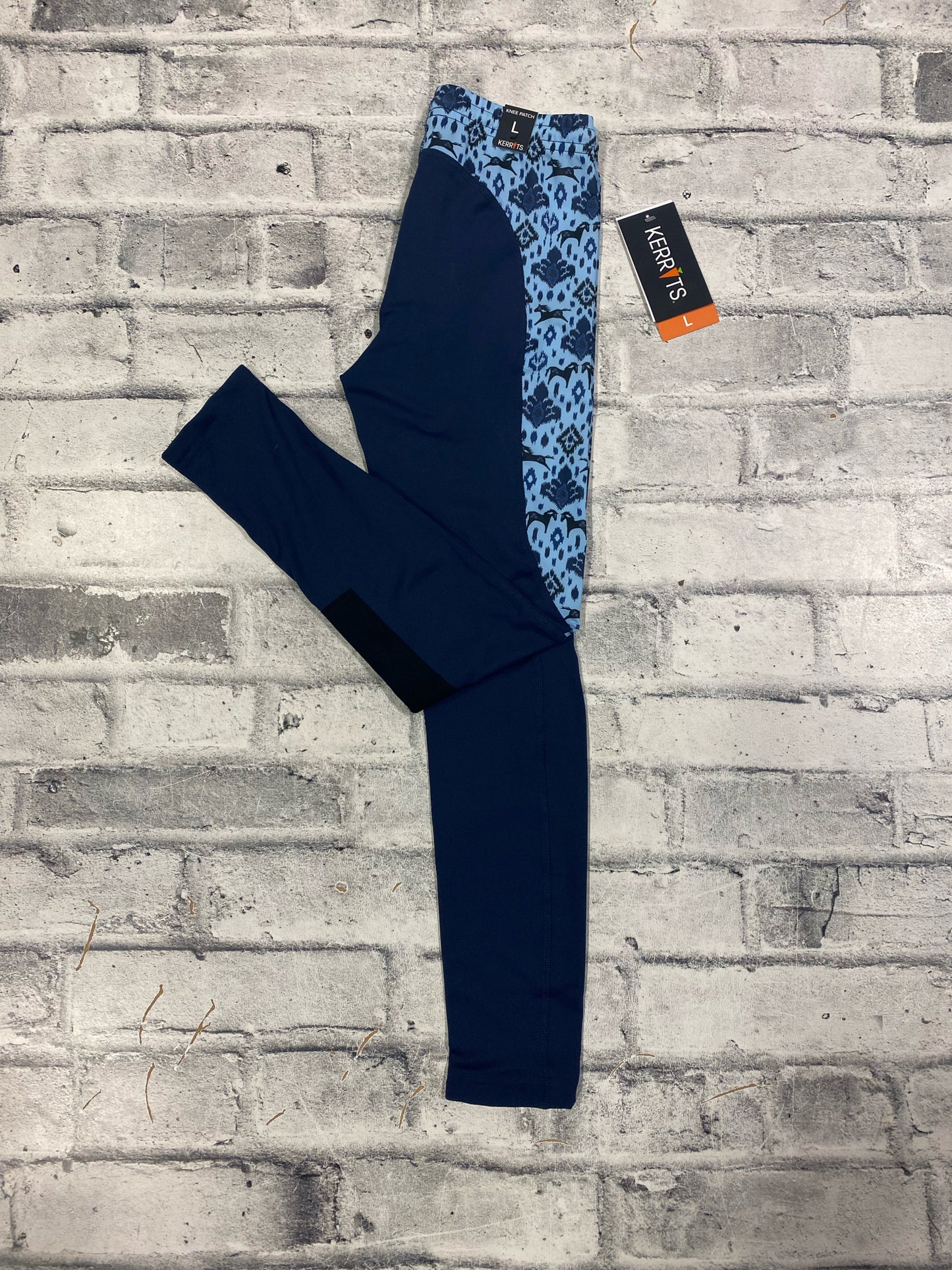 Kerrits Pull On Riding Tights Blue Horse Print Childrens L NEW