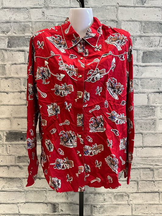 Panhandle Pearl Snap Show Shirt Red Western Print L