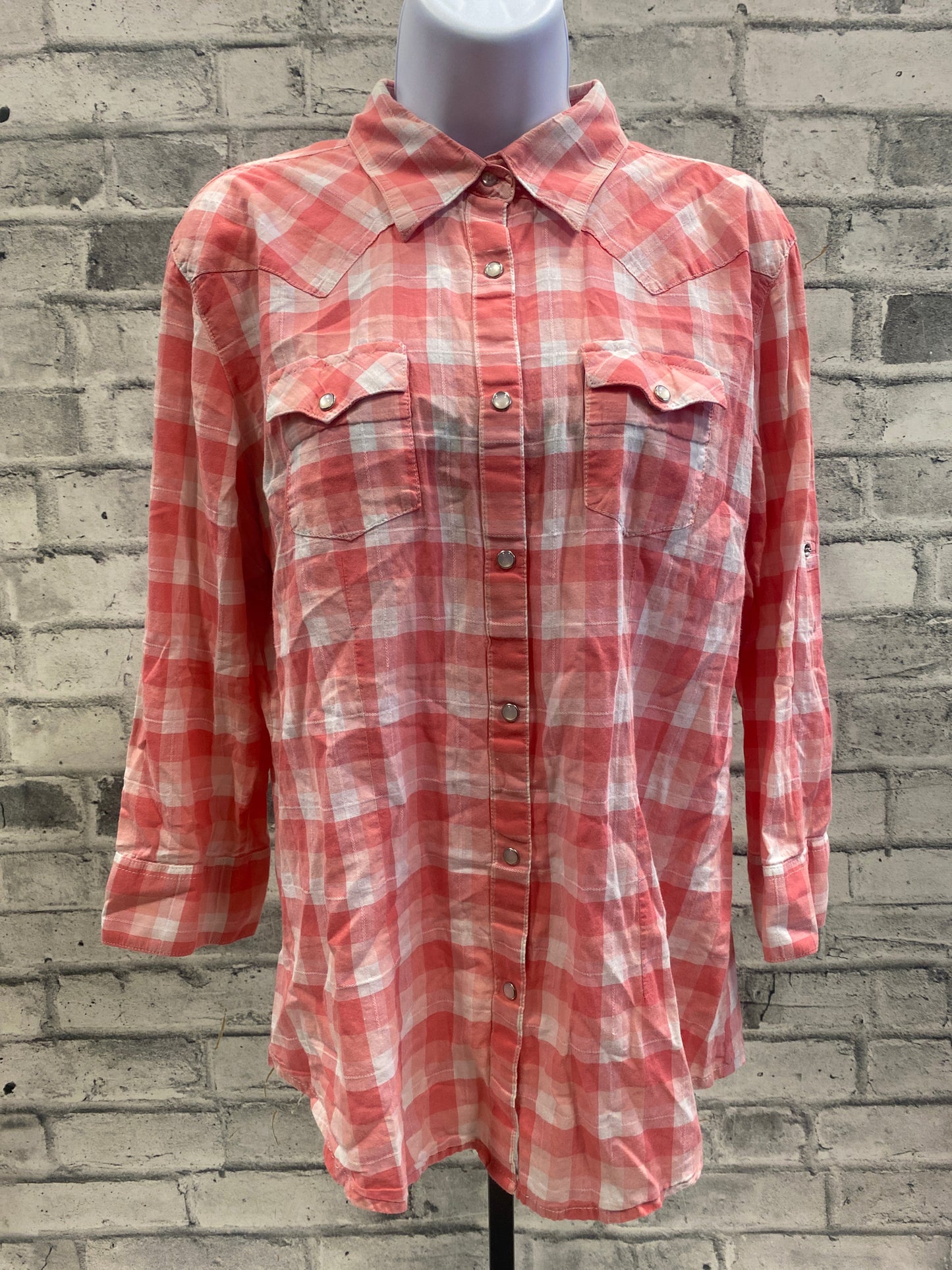 Wrangler Pearl Snap LS Shirt Coral Plaid L