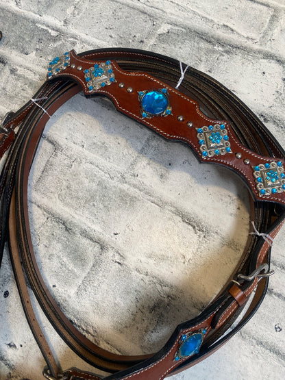 Western Blue Jewel Headstall + Reins + Breast Collar NEW