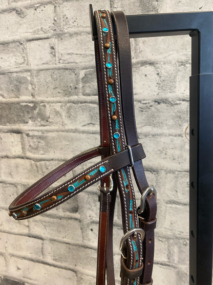 Browband Headstall + Breast Collar Dark Oil w/ Turquoise Rhinestones