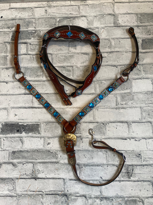 Western Blue Jewel Headstall + Reins + Breast Collar NEW