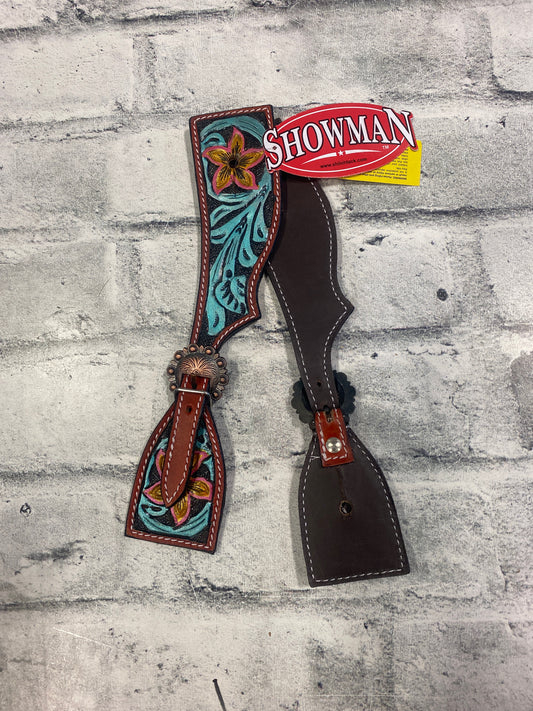 Showman Red/Teal Tooled Leather Spur Straps